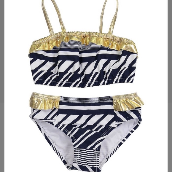 Girls Black & White Stripe Bikini w/ gold ruffle - Picture 1 of 5